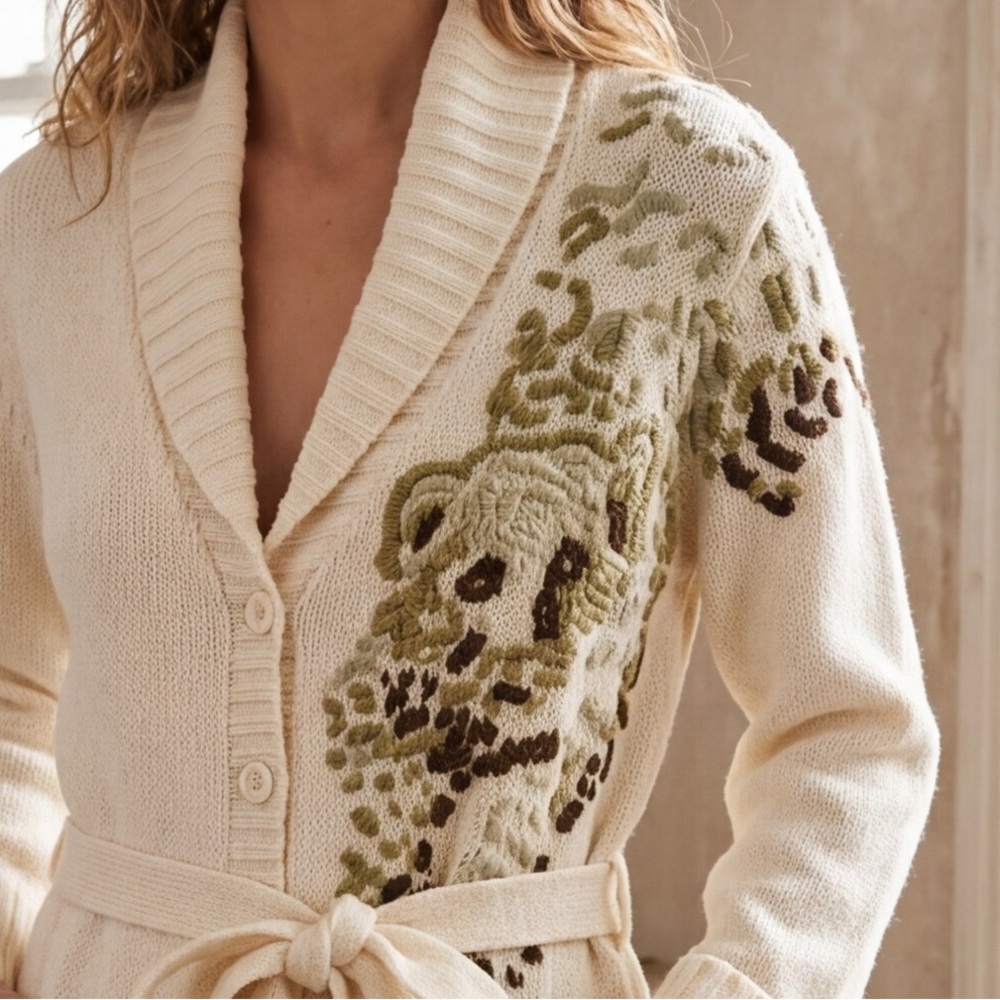 Vintage 90s Together Ivory Chunky Wool Bear Embroidered Cardigan Shawl Collar L - Picture 2 of 14